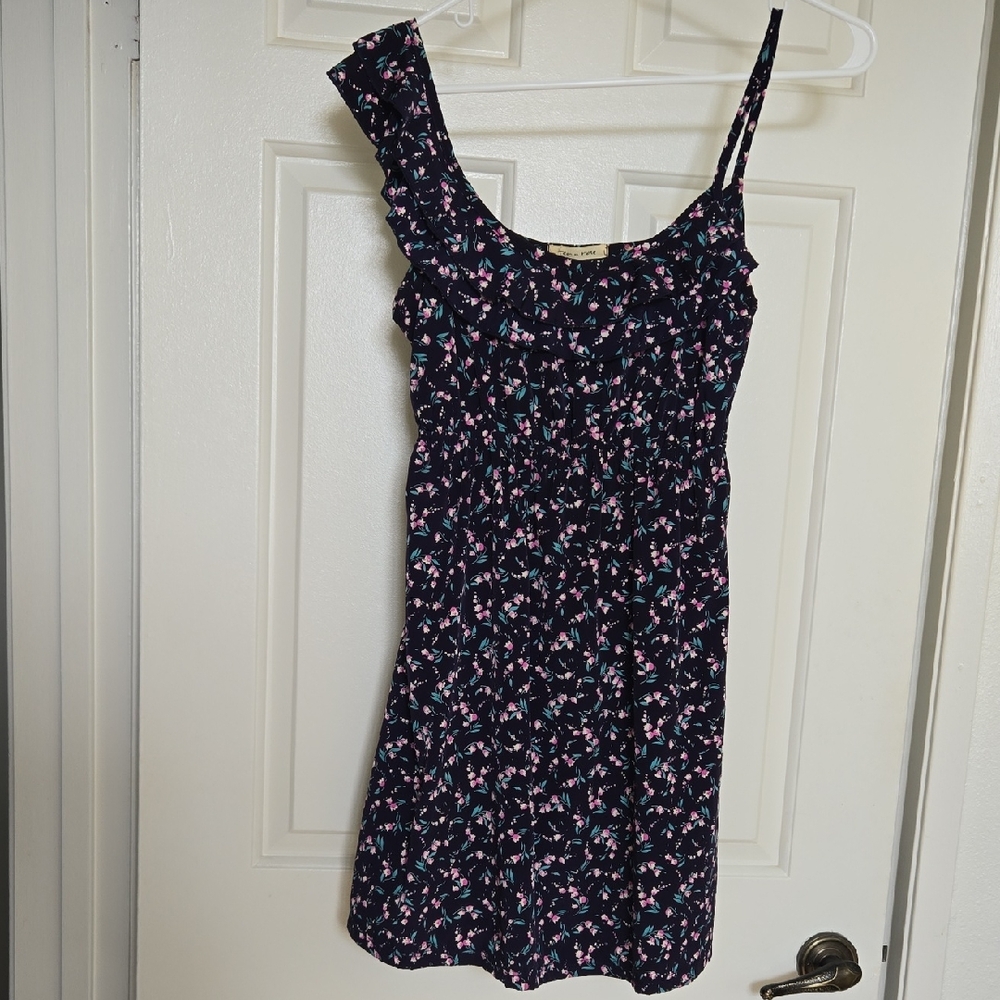 Blue Floral Asymmetrical Ruffled Mini Sundress